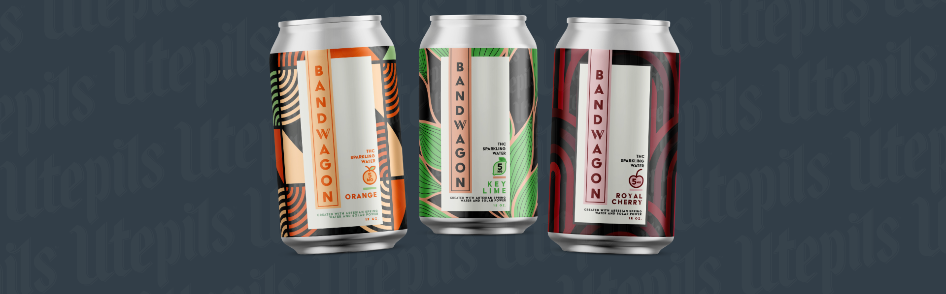 Row of the 3 flavors of Utepils Bandwagon THC sparkling water cans