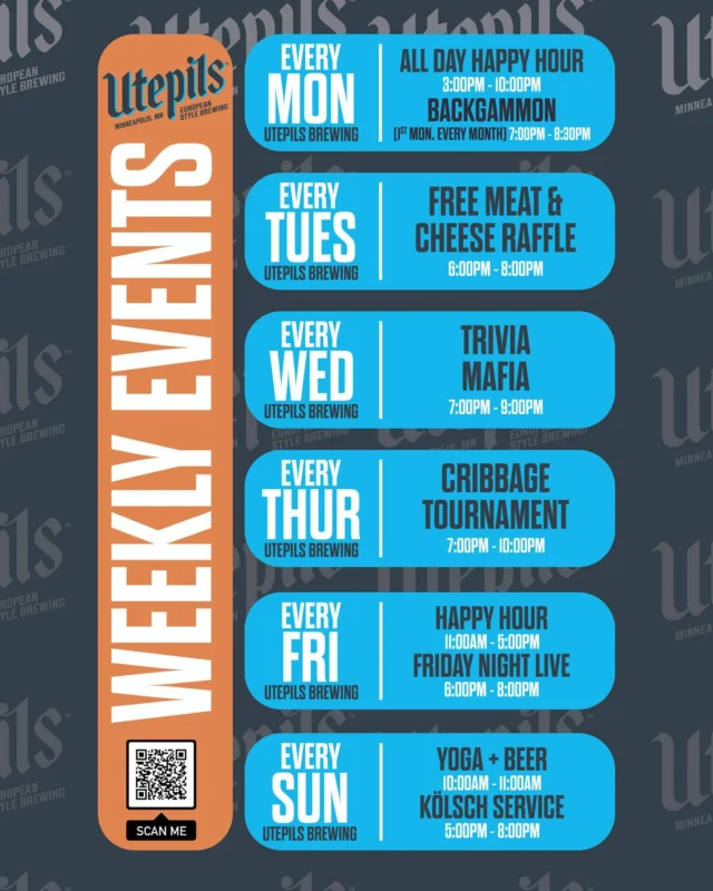 💥 There’s Always Something Happening at Utepils Brewing! 💥

Looking for plans this week? We’ve got you covered — every week at Utepils Brewing is packed with fun events and good times!

Weekly Lineup:
 •  Mondays: All-day Happy Hour from 3–10 PM! Plus, join us for Backgammon Night on the first Monday of every month from 7–8:30 PM.
 •  Tuesdays: It’s our Free Meat & Cheese Raffle from 6–8 PM. Come for the prizes, stay for the beer!
 •  Wednesdays: Test your smarts with Trivia Mafia from 7–9 PM.
 •  Fridays: Start your weekend early with Happy Hour from 11 AM–5 PM, then keep the party going with Friday Night Live music from 6–8 PM.
 •  Sundays: Find your balance with Yoga + Beer from 10–11 AM, and cap off your weekend with our traditional Kölsch Service from 5–8 PM.

There’s always something exciting happening at Utepils — and that’s just the weekly lineup! Check out utepilsbrewing.com to see what bigger events are coming up, including concerts, festivals, corgi races, and more! 🙌

See you soon!

In the meantime, it's Monday and that means ALL DAY HAPPY HOUR! Join us for a few rounds 🍻

Hours today from 3:00PM - 10:00PM
🚚 Food Truck | Market BBQ | 4:00PM - 8:00PM

Cheers! 🍻

#utepilsbrewing #reoccuringevents #weeklyevents #breweryevents #backgammon #happyhour #freemeatandcheeseraffle #triviamafia #cribbagetournament #fridaynightlive #yogaandbeer #kolschservice #minnesotacraftbeer #drinklocal #cheers