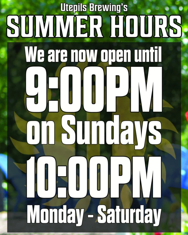 ☀️ Summer Hours Update! ☀️

Our Taproom and Beer Garden are now open later on Sundays — we’re staying open until 9 PM!
Monday through Saturday hours remain the same, open until 10 PM.

It’s a gorgeous day out, so come soak up the sun and enjoy a few drinks with us. 

Cheers to summer! 🍻

#utepilsbrewing #summerhours #beergarden #sunshine #patioweather #minnesotacraftbeer #drinklocal #cheers