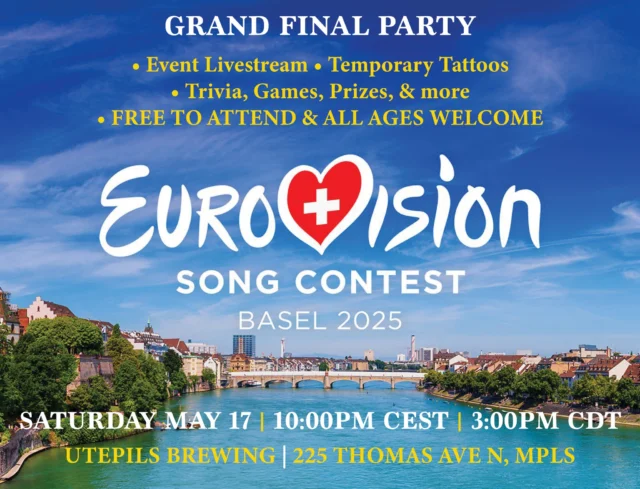✨ Get ready for the sparkle, the drama, and the ultimate spectacle — it’s Eurovision time at Utepils!

🗓 Saturday, May 17
Eurovision Grand Final Viewing Party
Doors open early | Live stream kicks off at 3:00 PM CDT

🪩 Join us for a fabulous, over-the-top celebration of music, mayhem, and all things Euro-magic! From jaw-dropping performances to nail-biting voting rounds, we’re bringing the full Eurovision experience to the taproom.

Sip on our award-winning European-style brews, test your pop culture prowess with Eurovision Trivia, and cheer on your favorite acts from across the globe. Sequins optional, but strongly encouraged. 💃🕺

Free to attend | All ages welcome
Arrive early — this party fills up faster than a key change in a power balled!

In the meantime, Our FREE Meat & Cheese Raffle is about to start! Pop on over and don't miss your chance to win.

Hours today from 3:00PM - 10:00PM
Food Truck | Gerhard's Brats | 4:00PM - 8:00PM

Cheers!

#utepilsbrewing #eurovision #eurovisionwatchparty #basel2025 #meatandcheeseraffle #minnesotacraftbeer #drinklocal #cheers