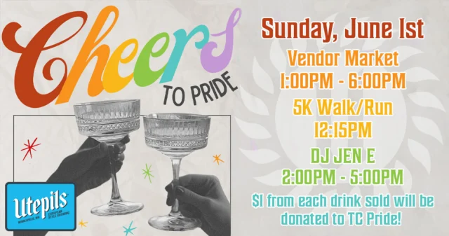 🌈Cheers to Pride starts TODAY! 

This is a fundraiser kicking off Pride Month with purpose! On June 1, participating locations across the Twin Cities will donate a percentage of their proceeds to support Twin Cities Pride’s year-round programming. It’s a fun and impactful way to celebrate Pride while helping sustain vital services and support for the LGBTQIA+ community all year long.

$1 per drink will be donated to Twin Cities Pride

🏃 Join Twin Cities In Motion Ambassadors for a casual 5K run/walk on the trails along the Mississippi River. Return to Utepils afterwards and ‘cheers to pride’!
12:00PM – Meet
12:15PM – Run/Walk starts

💐 Vendor Market
1:00PM - 6:00PM

📻 DJ JEN E
2:00PM - 5:00PM

Hours today from 11:00AM - 9:00PM
🚚 Food Truck | Red Rocket Pizza | 12:00 - 8:00PM

Let's cheers to Pride Month y'all!

#utepilsbrewing #cheerstopride #twincitiespride #twincitiesinmotion #pridemonth #vendermarket #sundayfunday #5k #summervibes #minnesotacraftbeer #drinklocal #cheers