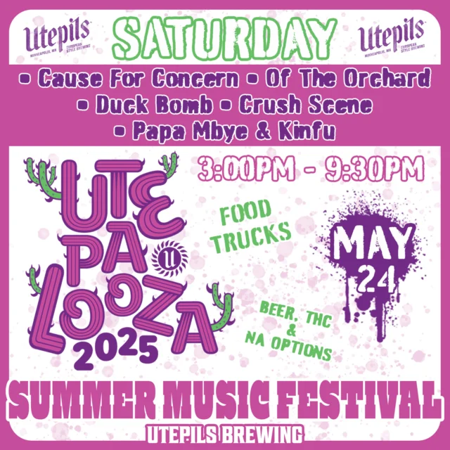 🔥 UtePaLooza continues TODAY 🔥

Did we mention that it is FREE to get in?! 

Formerly known as Utefest, our Summer Music Festival is back and bigger than ever! Two days. Incredible bands. Great beer. What more do you need?

🎶 Today we have one heck of a lineup! ⏰3:00PM - 9:30PM
• Duck Bomb
• Of The Orchard
• Cause For Concern
• Crush Scene
• Papa Mbye & Kinfu

🚚 Food Trucks | Cuchillo & NE Pretzels & Flamingo's Ice Cream
🍺 Indescribably good beer to keep you refreshed
🍃 THC Sparkling Water & NA options for everyone

This is how we kick off summer—with music, good vibes, and the best drinks in town. See y'all soon!

✨ Times subject to change.

Get here early to grab a good spot!

Cheers! 🍻

#utepilsbrewing #utepalooza #summermusicfestival #the99ers #duckbomb #oftheorchard #causeforconcern #crushscene #papambye #kinfu #livemusic #outdoorconcert #brewerymusic #minnesotacraftbeer #drinklocal #cheers