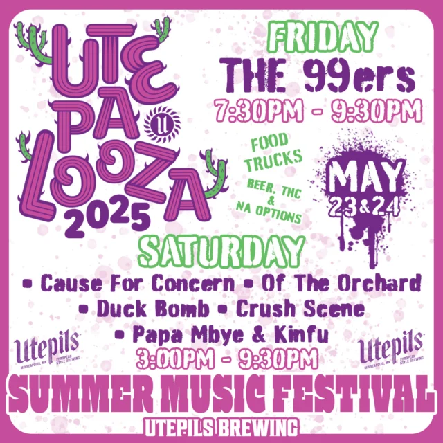 🔥 UtePaLooza is THIS WEEKEND! 🔥

Formerly known as Utefest, our Summer Music Festival is back and bigger than ever! Two days. Incredible bands. Great beer. What more do you need?

Did we mention that it is FREE to get in?! 

📅 May 23-24

Friday, May 23
🎶 The 99ers | 7:30 PM – 9:30 PM

Saturday, May 24
⏰3:00PM - 9:30PM
• Duck Bomb
• Of The Orchard
• Cause For Concern
• Crush Scene
• Papa Mbye & Kinfu

✨ Times subject to change.

🚚 Food trucks to keep you fueled
🍺 Indescribably good beer to keep you refreshed
🍃 THC Sparkling Water & NA options for everyone

This is how we kick off summer—with music, good vibes, and the best drinks in town. Mark your calendars and don’t miss it!

In the meantime, it's Thursday and we have our Cribbage Tournament from 7:00PM - 9 :00PM.
🚚 Food Truck | Kham Fu Dee | 4:00PM - 8:00PM

Cheers! 🍻

#utepilsbrewing #utepalooza #summermusicfestival #the99ers #duckbomb #oftheorchard #causeforconcern #crushscene #papambye #kinfu #livemusic #outdoorconcert #brewerymusic #minnesotacraftbeer #drinklocal #cheers